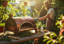 outdoor pizza oven maintenance - photo of a man cleaning an outdoor pizza oven on a counter