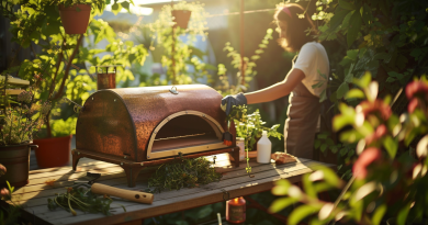 outdoor pizza oven maintenance - photo of a man cleaning an outdoor pizza oven on a counter