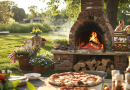 outdoor fireplace with pizza oven - backyard scene with fireplace being used to cook pizzas