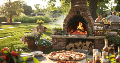 outdoor fireplace with pizza oven - backyard scene with fireplace being used to cook pizzas