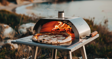 best portable pizza ovens - oven sitting on a rock which overlooks the serene rocky coastline of a lake