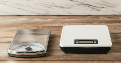 analog vs digital scale side by side on a wood table