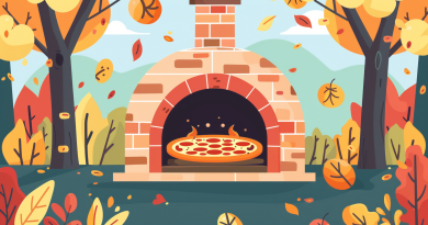 how to use an outdoor pizza oven - colorful drawing of a brick oven surrounded by falling leaves