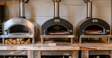 pizza oven fuel - three small pizza ovens side-by-side, one is wood, one gas and one pellet powered