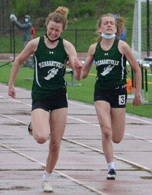 Pleasantville's-Maeve-Roney,-left,-and-Ella-O'Malley-race-for-the-finish-line-in-the-100-meter-dash.-Roney-placed-first-(13.43)-with-O'Malley-taking-fifth-(13.80) | The Examiner News