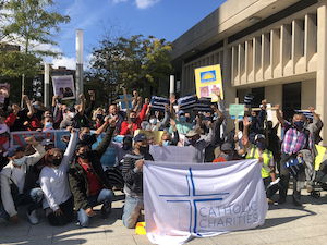Undocumented workers rally in White Plains with the support of advocates and some elected officials to try to add more state money to the Excluded Workers Fund. Thousands were shut out of the funding.