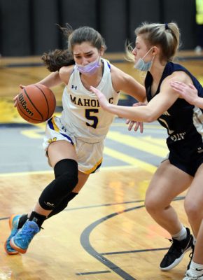 Mahopac-senior-G-Melanie-DeMeo-drives-lane-on-Putnam-Valley-senior-G-Amanda-Orlando-for-two-of-her-18-points | The Examiner News