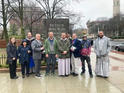 Matthew Connolly, William Goodman, Christopher Moscinski and their defense attorney Steve Anduze outside White Plains City Court with fellow pro-life supporters following the guilty verdict. (Photo courtesy of Red Rose Rescue Facebook)