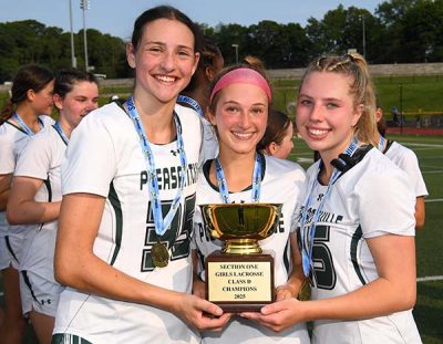 Pleasantville captains Ava Berkowitz Skylar Aghen and Elanah Lavigne proudly display first Section 1 Class D title | The Examiner News Pleasantville captains